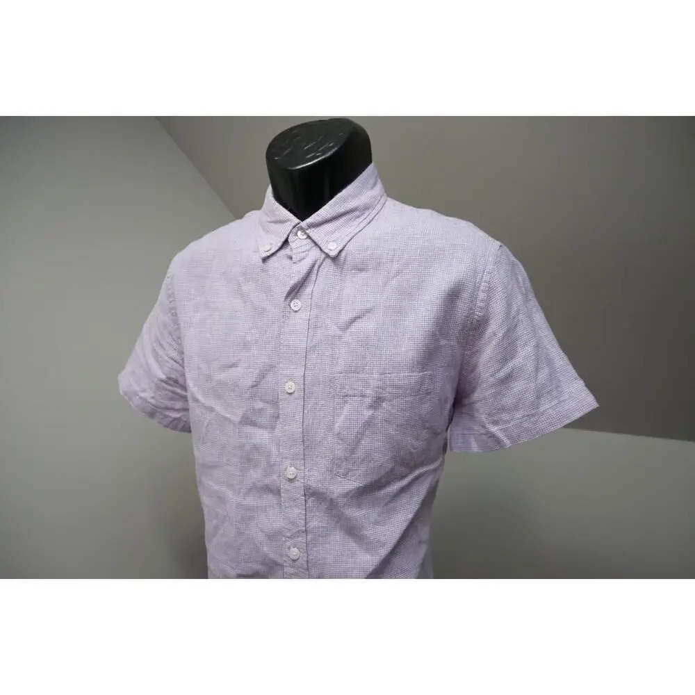 J Crew Button Up Dress Shirt Linen Blend Casual Plaid Short Sleeve‎ Mens Medium